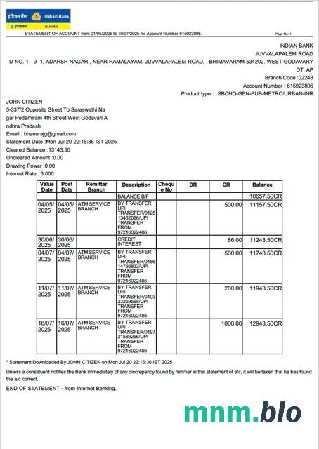 Indian Bank Allahabad konto Wyciąg słowo i szablon PDF, 2 strony